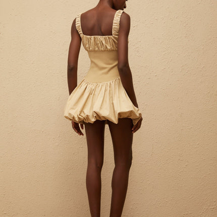 Delilah Mini Dress in Neutrals, 100% Cotton Square Neck Sleeveless Wide Straps Fitted Waistline Shirred Effect Bubble-Hem Skirt Side Zip Fastening Thigh-Length