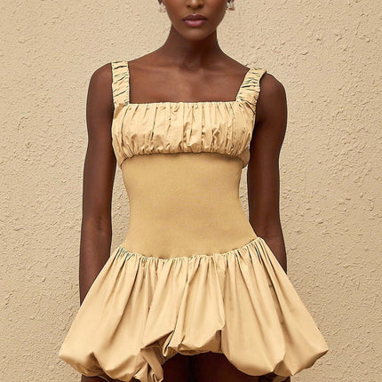 Delilah Mini Dress in Neutrals, 100% Cotton Square Neck Sleeveless Wide Straps Fitted Waistline Shirred Effect Bubble-Hem Skirt Side Zip Fastening Thigh-Length