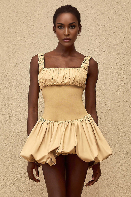 Delilah Mini Dress in Neutrals, 100% Cotton Square Neck Sleeveless Wide Straps Fitted Waistline Shirred Effect Bubble-Hem Skirt Side Zip Fastening Thigh-Length