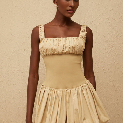 Delilah Mini Dress in Neutrals, 100% Cotton, Square Neck, Sleeveless, Wide Straps, Fitted Waistline, Shirred Effect, Bubble-hem Skirt, Side Zip Fastening, Thigh-length Dress
