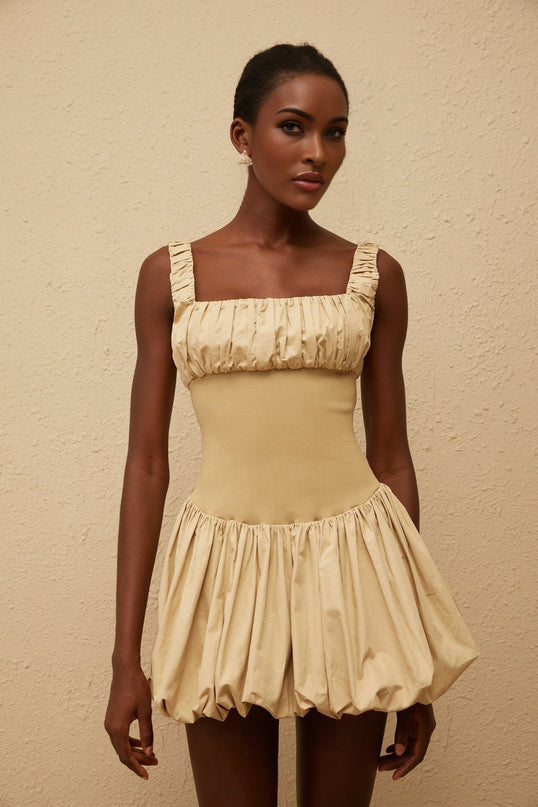 Delilah Mini Dress in Neutrals, 100% Cotton, Square Neck, Sleeveless, Wide Straps, Fitted Waistline, Shirred Effect, Bubble-hem Skirt, Side Zip Fastening, Thigh-length Dress