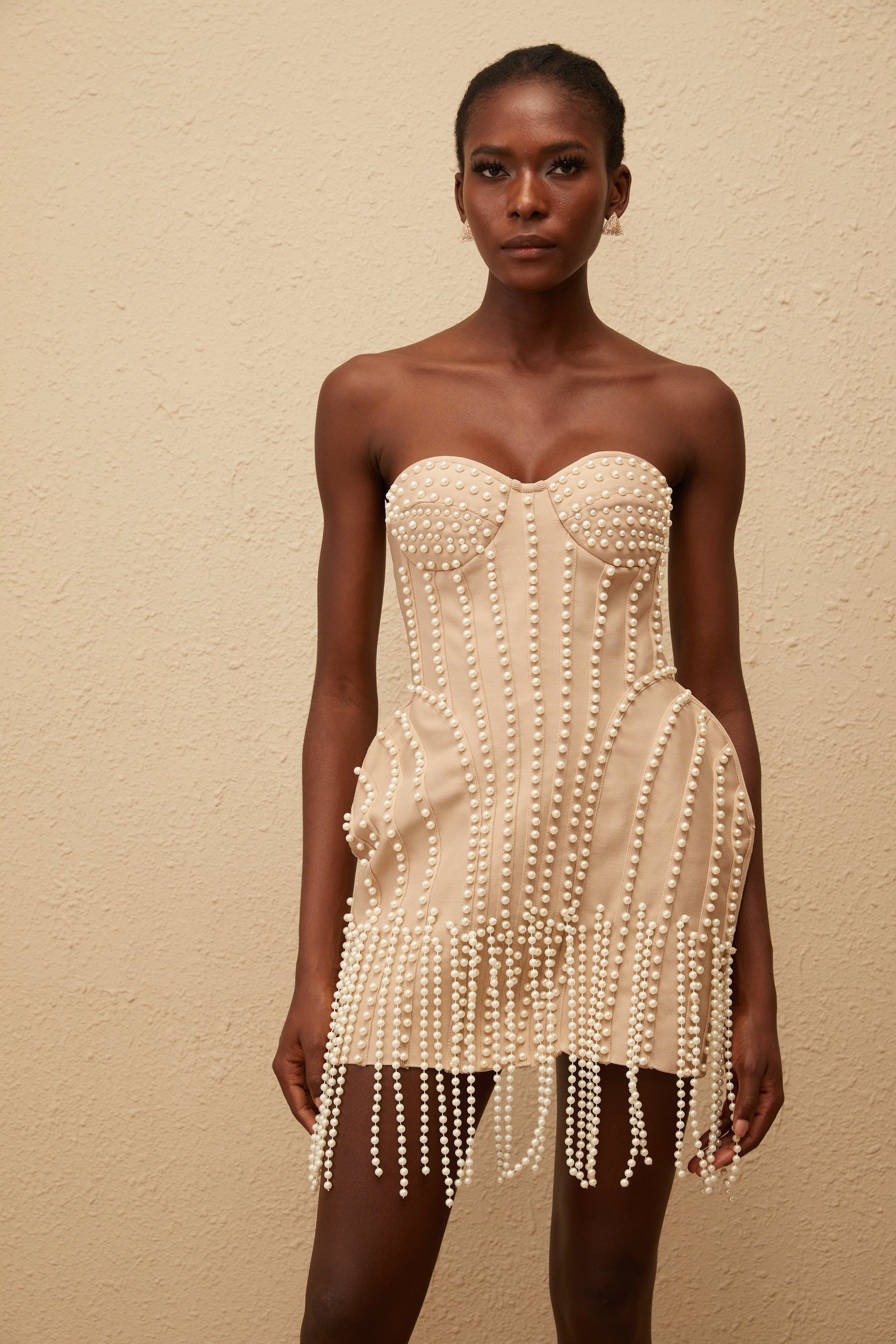 Delilah Neutral Faux Pearl Fringed Mini Dress