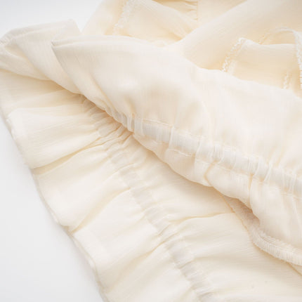 Delilah Ruffled Trim Top in Neutrals Cotton Silk Blend Mock Neck Long Sleeves