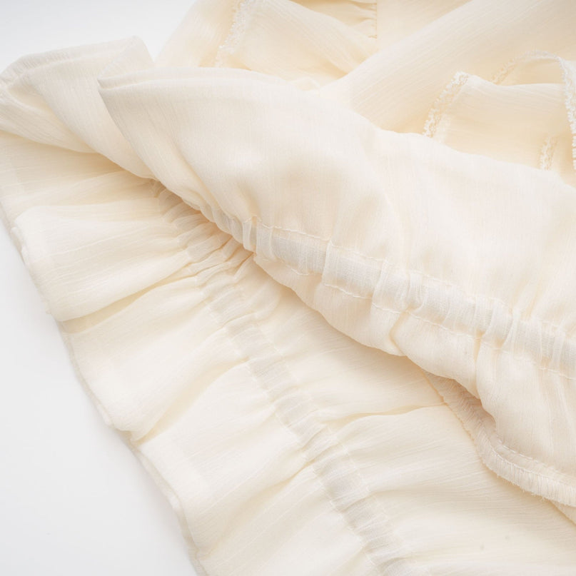 Delilah Ruffled Trim Top in Neutrals Cotton Silk Blend Mock Neck Long Sleeves