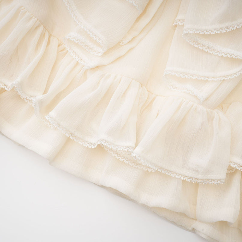 Delilah Ruffled Trim Top in Neutrals Cotton Silk Blend Long Sleeve Blouse