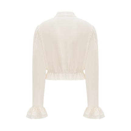 Delilah Ruffled Trim Top in Neutrals Cotton Silk Blend Mock Neck Long Sleeves