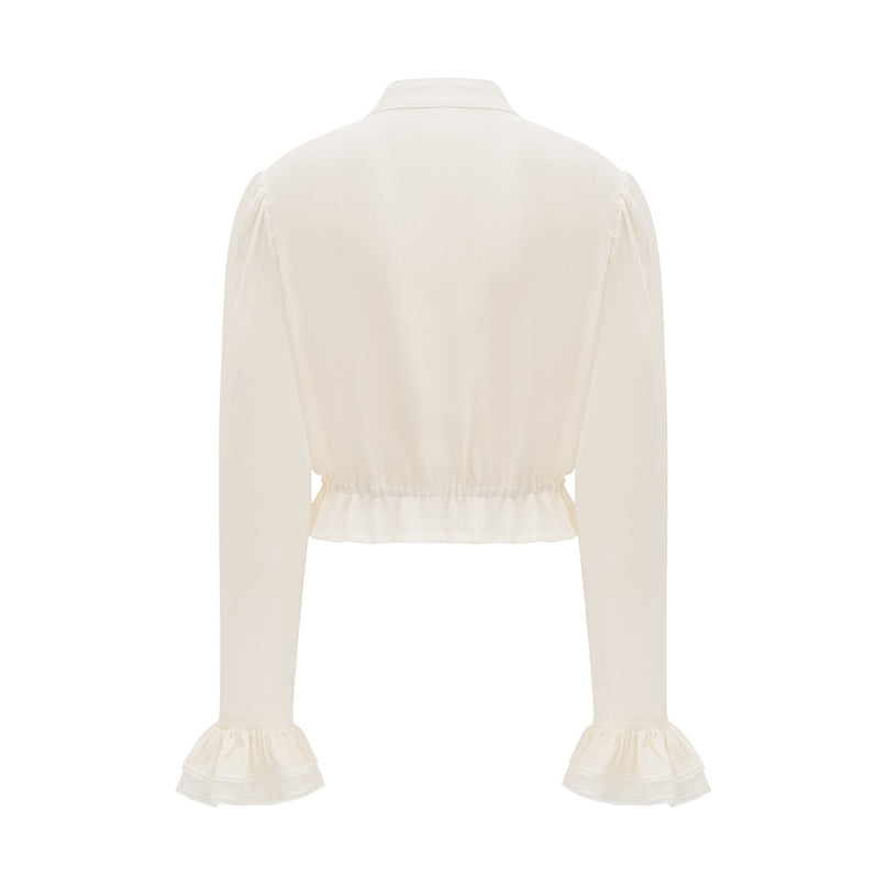 Delilah Ruffled Trim Top in Neutrals Cotton Silk Blend Mock Neck Long Sleeves