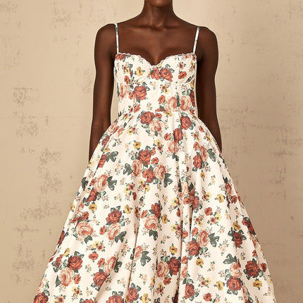 Delilah White Rose Print Midi Dress with Sweetheart Neckline and Boned Bodice
