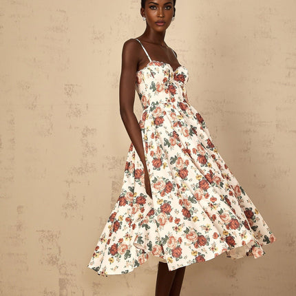 Delilah White Rose Print Midi Dress with Sweetheart Neckline and Boned Bodice