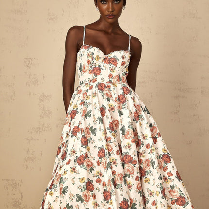 Delilah White Rose Print Midi Dress with Sweetheart Neckline and Flounce Skirt