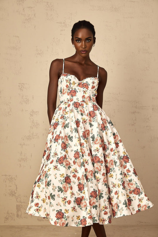 Delilah White Rose Print Midi Dress with Sweetheart Neckline and Flounce Skirt