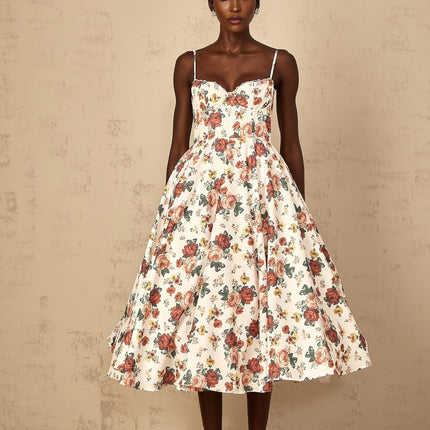 Delilah White Rose Print Midi Dress with Sweetheart Neckline and Boned Bodice