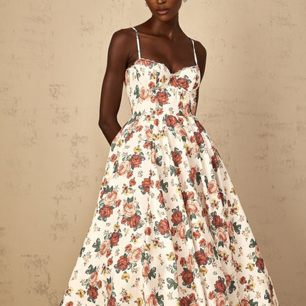 Delilah White Rose Print Midi Dress with Sweetheart Neckline and Boned Bodice