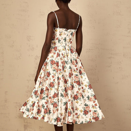 Delilah White Rose Print Midi Dress with Sweetheart Neckline and Boned Bodice