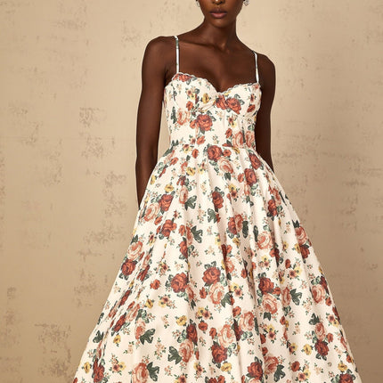 Delilah White Rose Print Sweetheart Midi Dress