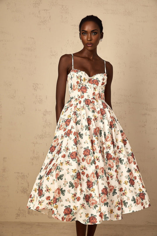 Delilah White Rose Print Sweetheart Midi Dress