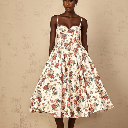 Delilah White Rose Print Midi Dress with Sweetheart Neckline and Boned Bodice