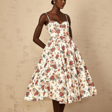 Delilah White Rose Print Midi Dress with Sweetheart Neckline and Boned Bodice