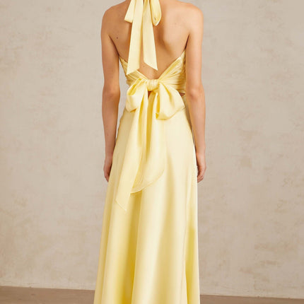 Delilah Yellow Halterneck Maxi Dress with Open Back and Flared Hem