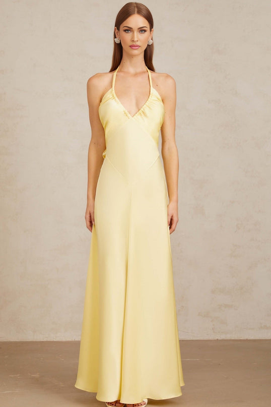 Delilah Yellow Maxi Dress Halterneck Open Back Flared Hem Cinched Waist Ruched Detailing Sleeveless Rear Zip Fastening Maxi Length 100% Terylene Fiber