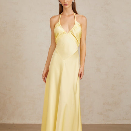 Delilah Yellow Maxi Dress Halterneck Open Back Flared Hem Ruched Detailing Sleeveless Rear Zip Fastening 100% Terylene Fiber