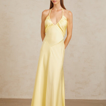 Delilah Yellow Halterneck Maxi Dress with Open Back and Flared Hem