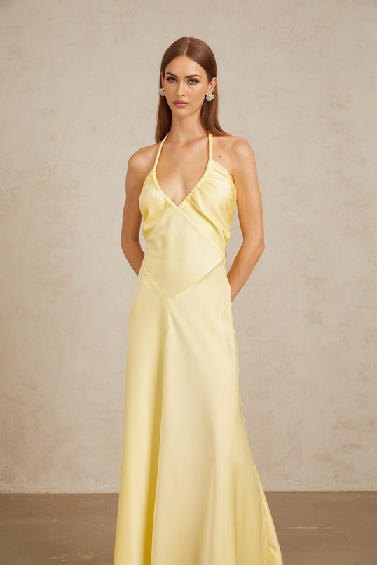 Delilah Yellow Halterneck Maxi Dress with Open Back and Ruched Detailing