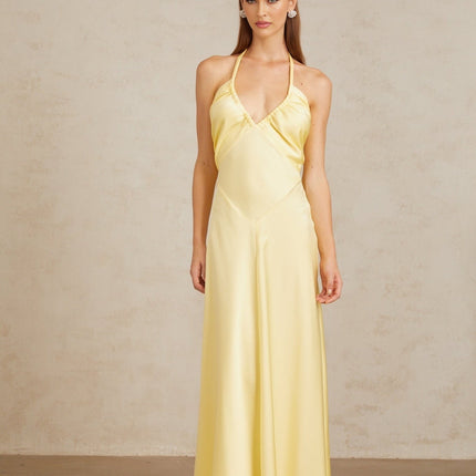 Delilah Yellow Maxi Dress Halterneck Open Back Flared Hem Ruched Detailing Sleeveless Rear Zip Fastening Terylene Fiber