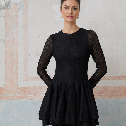 Delizia Black Crochet Knit Mini Dress Pointelle Puff Skater
