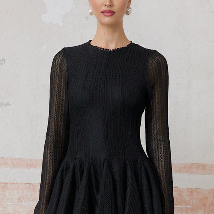 Delizia Black Crochet Knit Mini Dress Pointelle Puff Skater