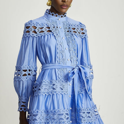 Delizia Blue Mini Dress with Cut-Out Details and Belted Waist