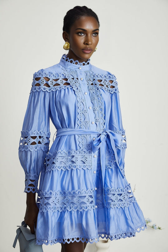 Delizia Blue Mini Dress with Cut-Out Details and Belted Waist