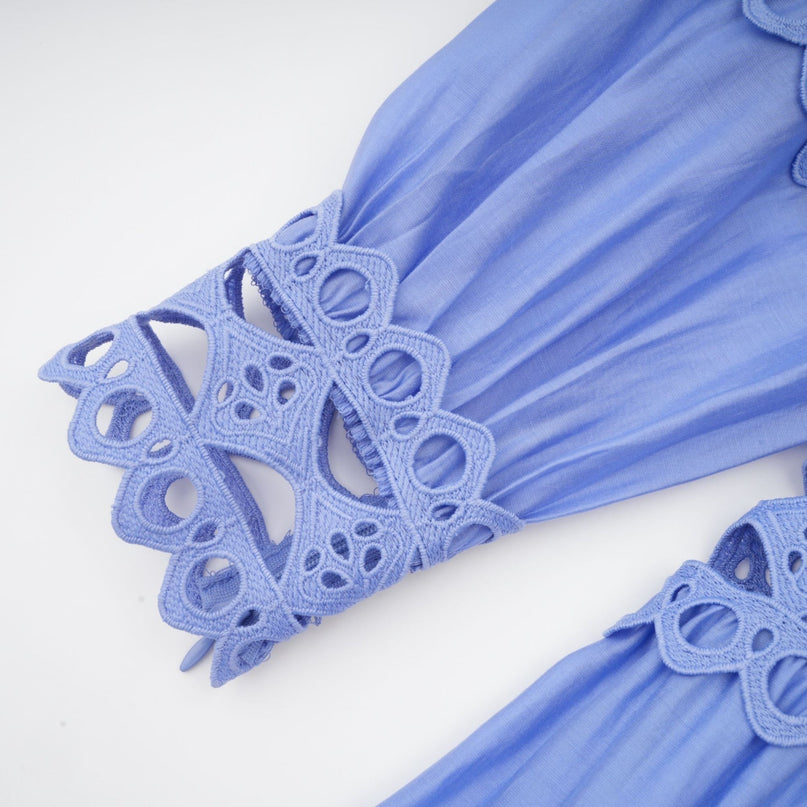 Delizia Blue Mini Dress with Cut-Out Details and Belted Waist in Luxurious Acetate Fiber