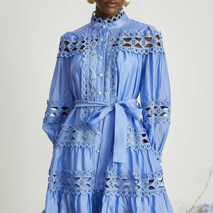 Delizia Blue Mini Dress with Cut-Out Details and Belted Waist for Women