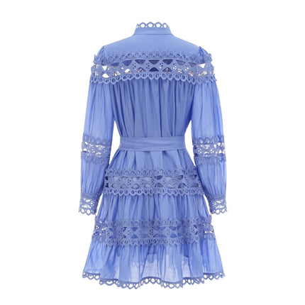 Delizia Blue Mini Dress with Cut-Out Details and Belted Waist in Luxurious Acetate Fiber