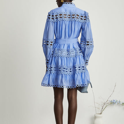 Delizia Blue Mini Dress with Cut-Out Details and Belted Waist in 100% Acetate Fiber