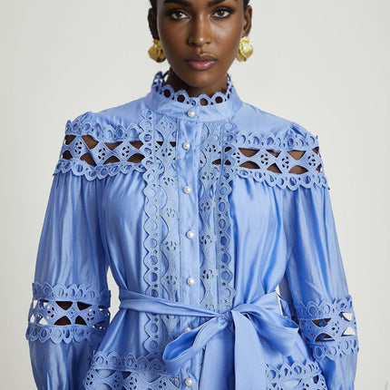 Delizia Blue Mini Dress with Cut-Out Details and Belted Waist