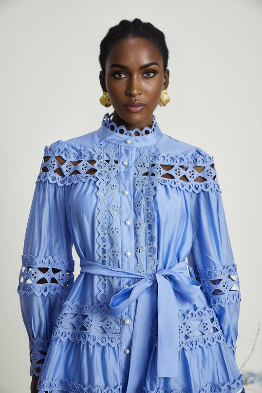 Delizia Blue Mini Dress with Cut-Out Details and Belted Waist