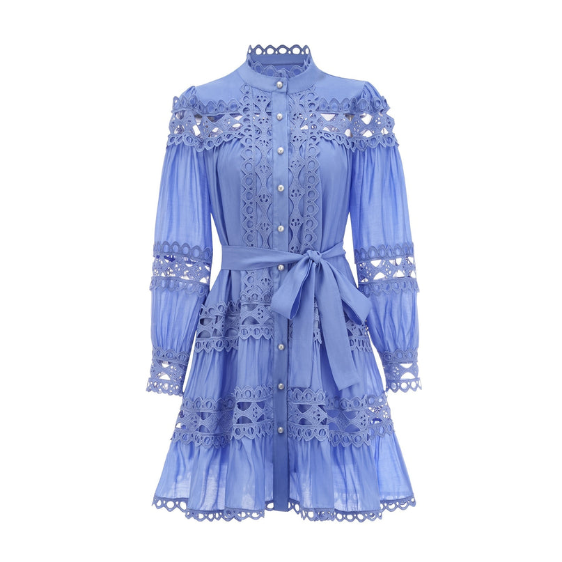 Delizia Blue Mini Dress with Cut-Out Details and Belted Waist