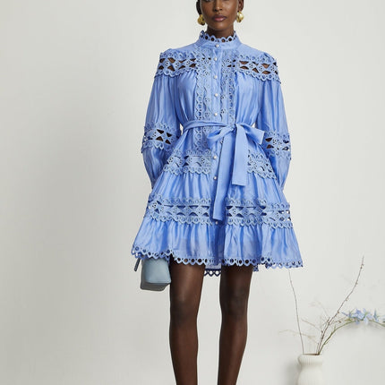 Delizia Blue Mini Dress with Cut-Out Details and Belted Waist