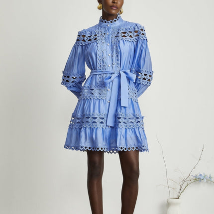 Delizia Blue Mini Dress with Cut-Out Details and Belted Waist