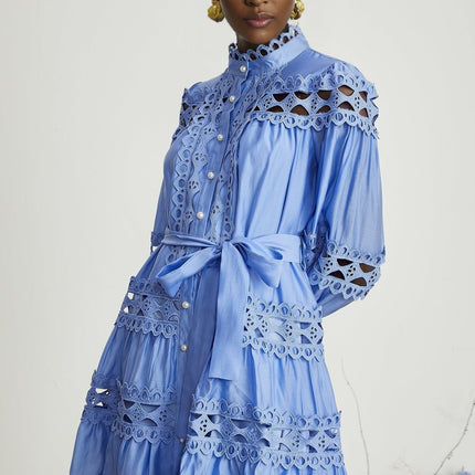 Delizia Blue Mini Dress with Cut-Out Details and Belted Waist