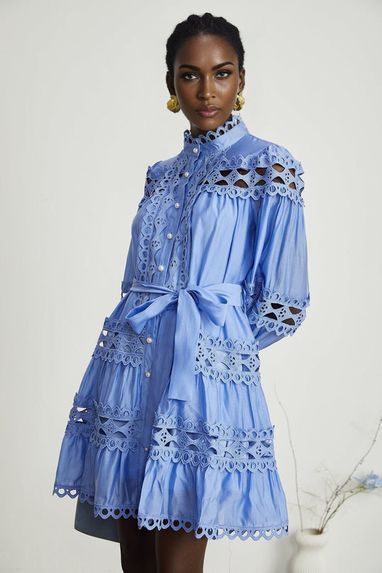 Delizia Blue Mini Dress with Cut-Out Details and Belted Waist
