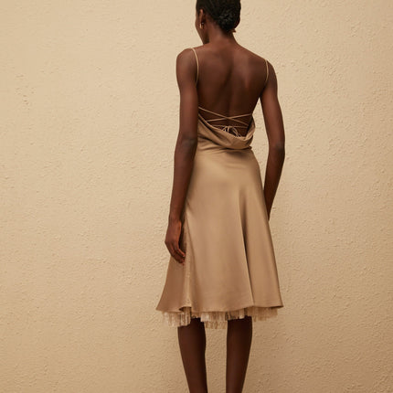 Delizia Brown Satin Lace Midi Dress with Open Back and Flared Hem