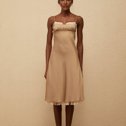 Delizia Brown Satin Lace Midi Dress with Open Back and Flared Hem