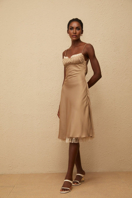 Delizia Brown Satin Lace Midi Dress with Floral Detailing