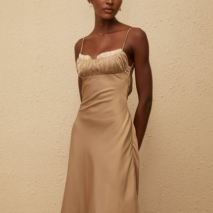 Delizia Brown Satin Lace Midi Dress Scoop Neck Open Back Pleated Flared Hem