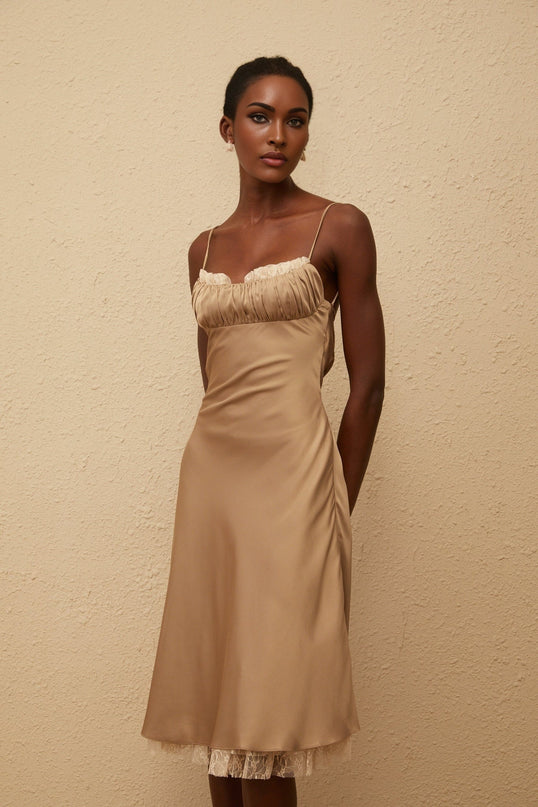 Delizia Brown Satin Lace Midi Dress Scoop Neck Open Back Pleated Flared Hem