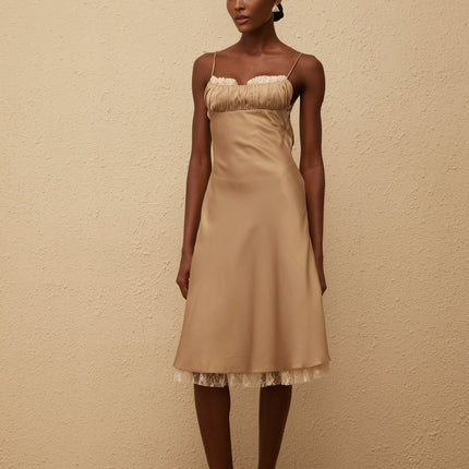 Delizia Brown Satin Lace Midi Dress with Open Back and Pleated Detailing