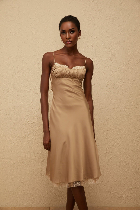 Delizia Brown Satin Lace Midi Dress with Open Back and Flared Hem